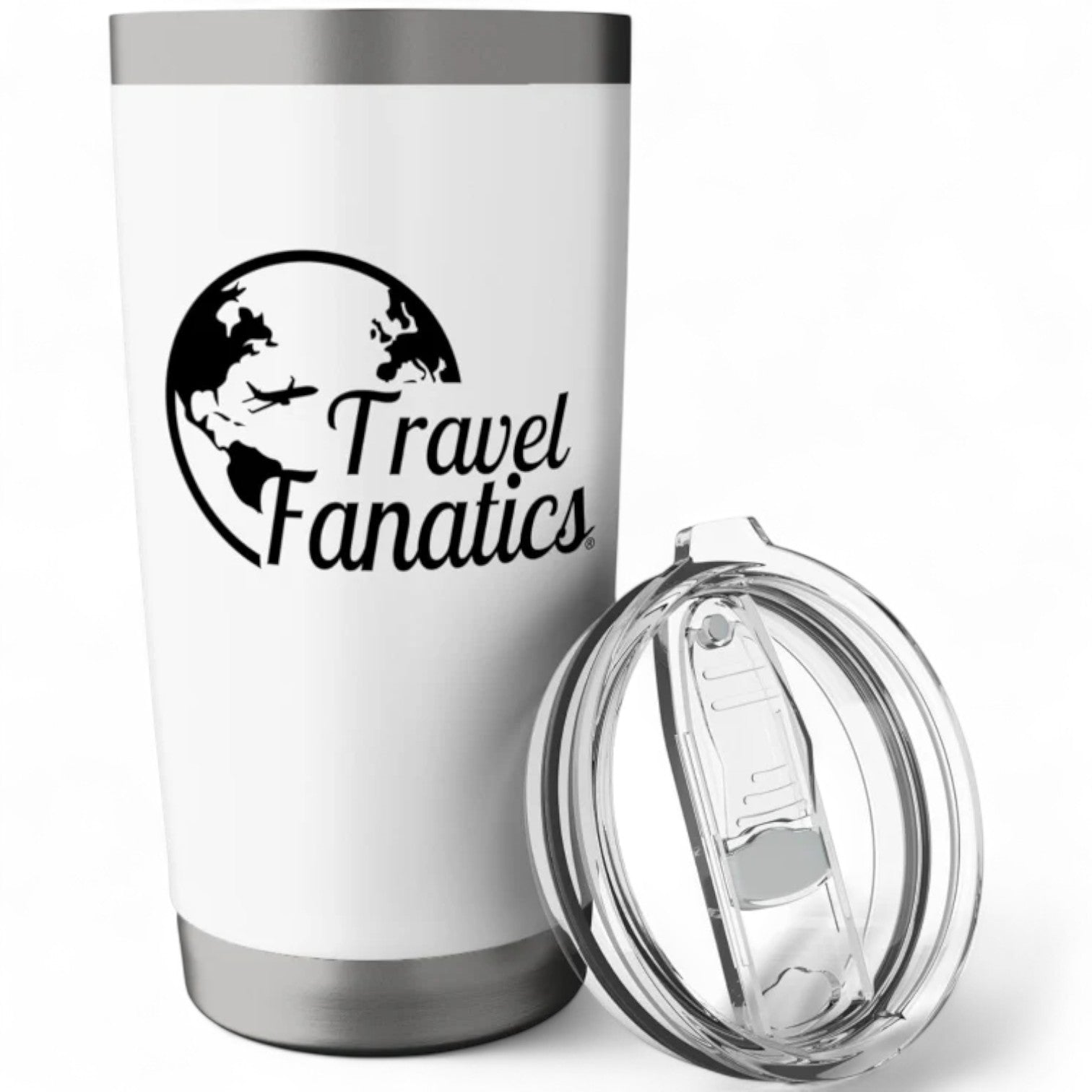 White tumbler with 'Travel Fanatics' logo and clear lid on a white background 