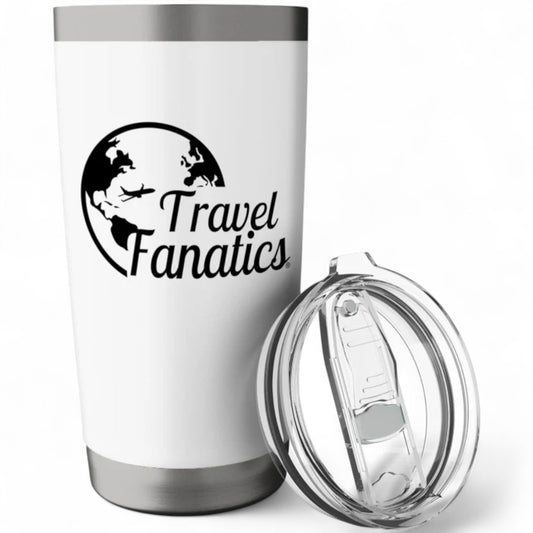 White tumbler with 'Travel Fanatics' logo and clear lid on a white background 