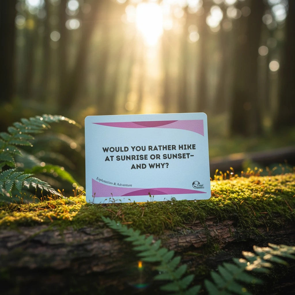 Card with a question about hiking preferences in a forest setting

