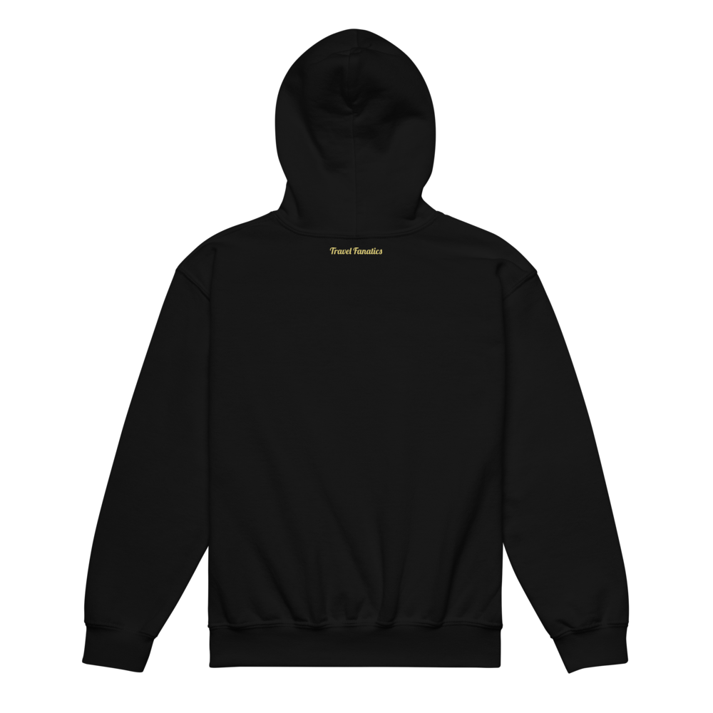 Black hoodie with a small yellow logo on the chest against a white background

